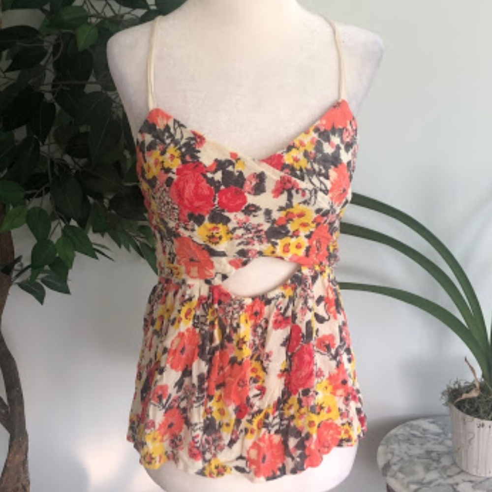 Free People Cut Out Floral Criss Cross Tank Top M